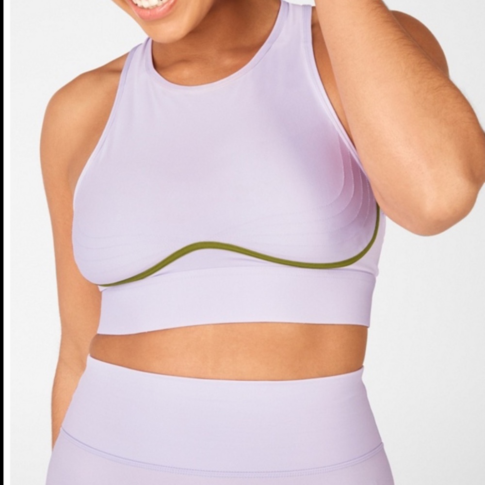 Fabletics Blare High-Impact Sports Bra II Lilac/Olive Green Trim Size M NWT